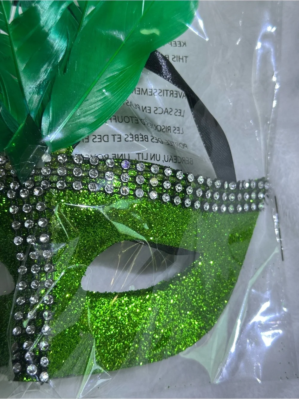 🎭 Green Glitter Masquerade Mask with Feathers Rhinestones Mardi Gras Costume 🎭